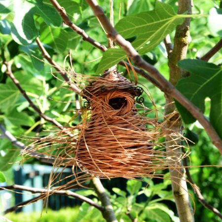 Nistkasten „Petits Oiseaux“ für kleine Vögel. Höhe 20 cm, handgeflochtene Weide, mit Deckel