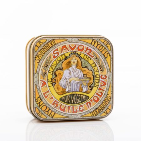 Vintage Blechdose mit Seife „Jugendstil Schönheit mit Tablett“, 100 g. La Savonnerie de Nyons, Duft „Mandel“