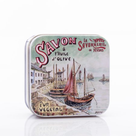 Vintage Blechdose mit Seife „Nostalgie-Hafen“, 100 g. La Savonnerie de Nyons, Duft „Fleur de Coton“