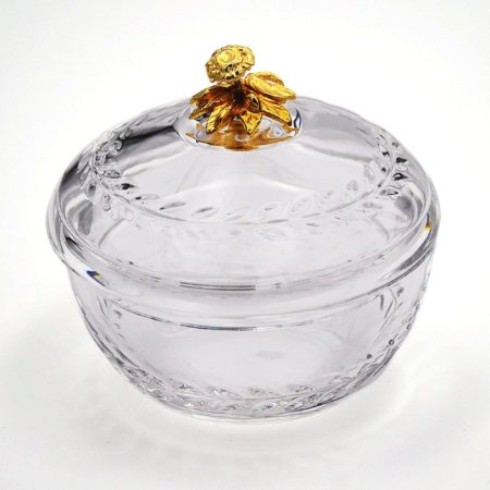 Bonbonnière, 11 cm. Cristallerie de Montbronn, Kristallglas, vergoldeter Knauf