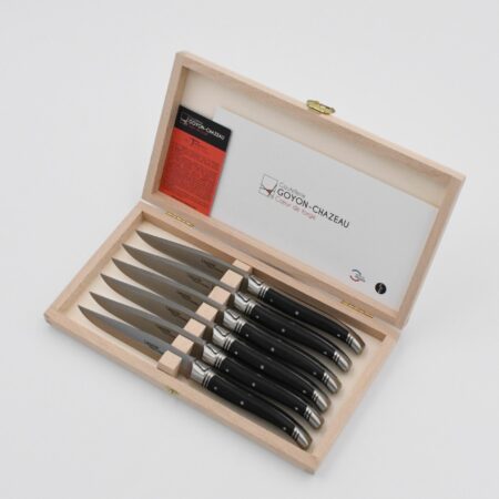 Steakmesser "Laguiole Avantage", 23 cm. Goyon-Chazeau, Griffe Ebenholz, 6er-Set in Holzbox