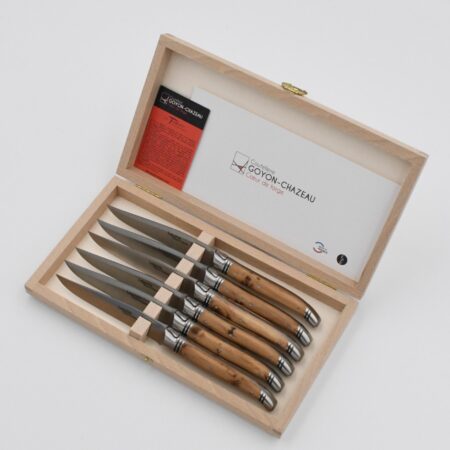 Steakmesser "Laguiole Avantage", 23 cm. Goyon-Chazeau, Griffe Wacholderholz, 6er-Set in Holzbox