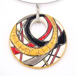 Emaille-Medaillon "Montagnes russes, groß", 6,4 cm. Emaux de Longwy. Emaille, Gold, Platin. Versilberter Halsreif