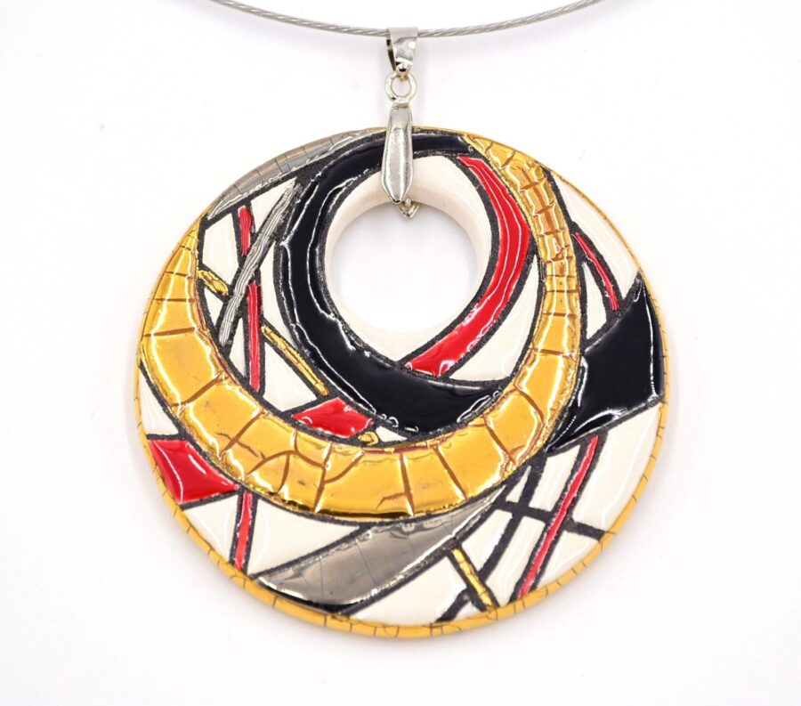 Emaille-Medaillon "Montagnes russes, groß", 6,4 cm. Emaux de Longwy. Emaille, Gold, Platin. Versilberter Halsreif