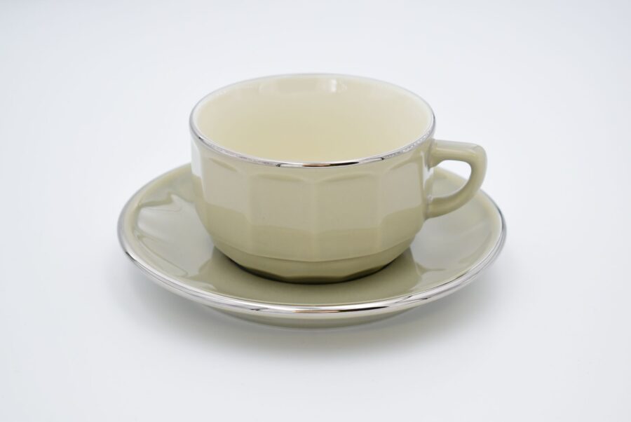 Große Tasse Apilco Flora, 25cl. Grau, Platinrand