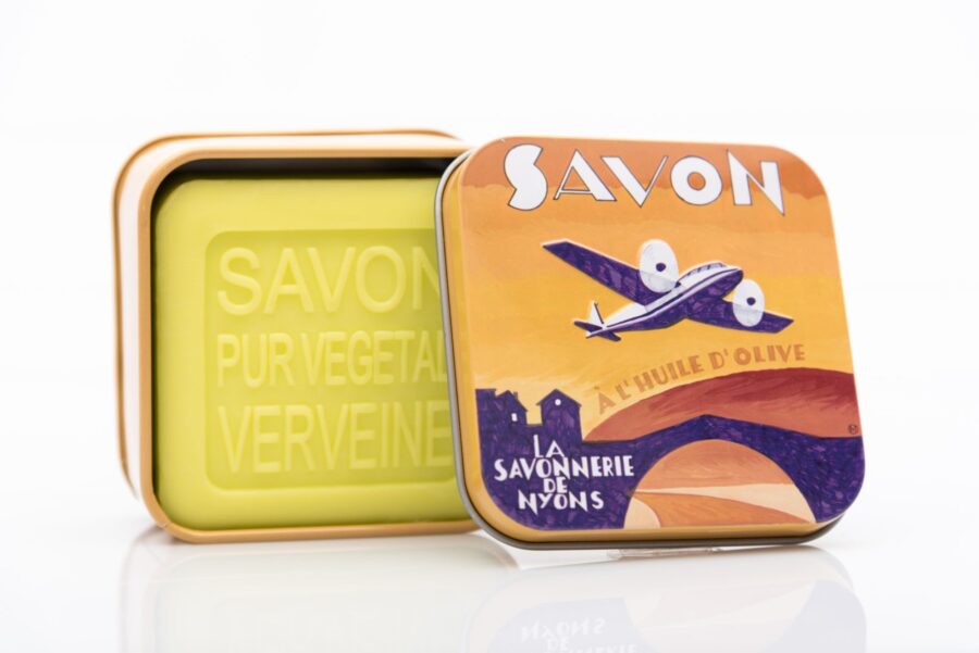 Vintage Blechdose mit Seife „Art Deco Flugzeug“, 100 g. La Savonnerie de Nyons, Duft „Verveine“ – Bild 2
