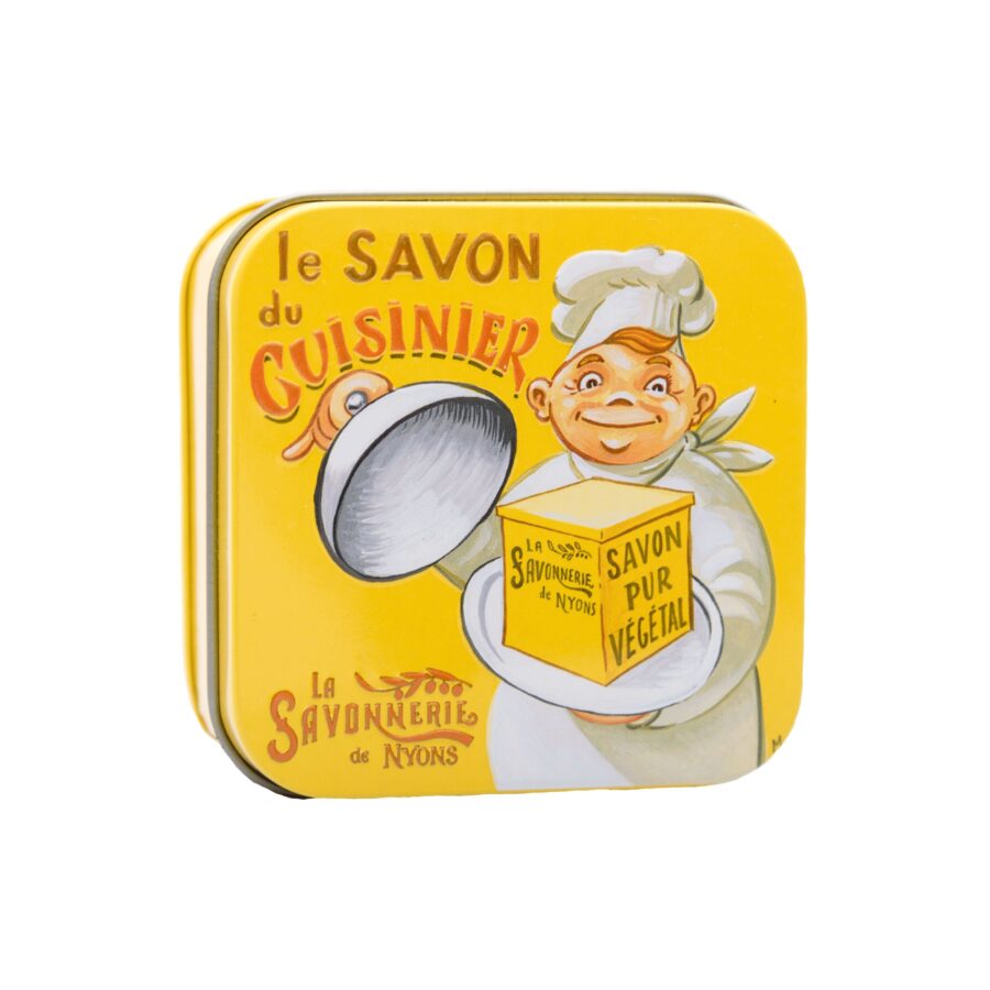 Vintage Blechdose, geruchsneutralisierende Seife „Küchenfreund“, 100 g. La Savonnerie de Nyons, Duft „Mandel“