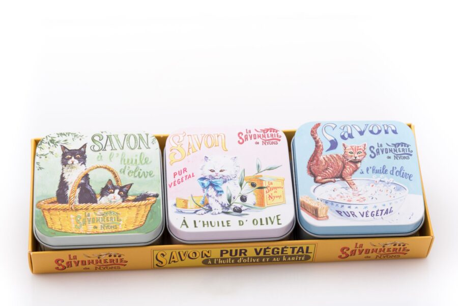 Vintage Blechdosen mit Seife „3er-Set Katzen“, 3x100 g. La Savonnerie de Nyons, Duft „Fleur de Coton“