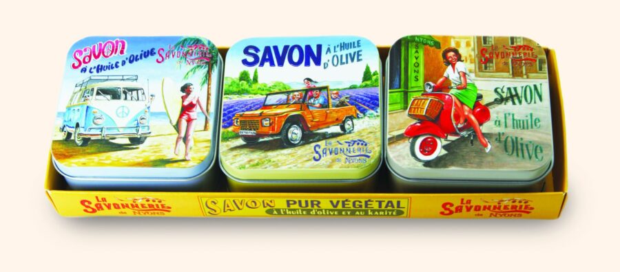Vintage Blechdosen mit Seife „3er-Set Fifties“, 3x100 g. La Savonnerie de Nyons, Duft „Verveine“