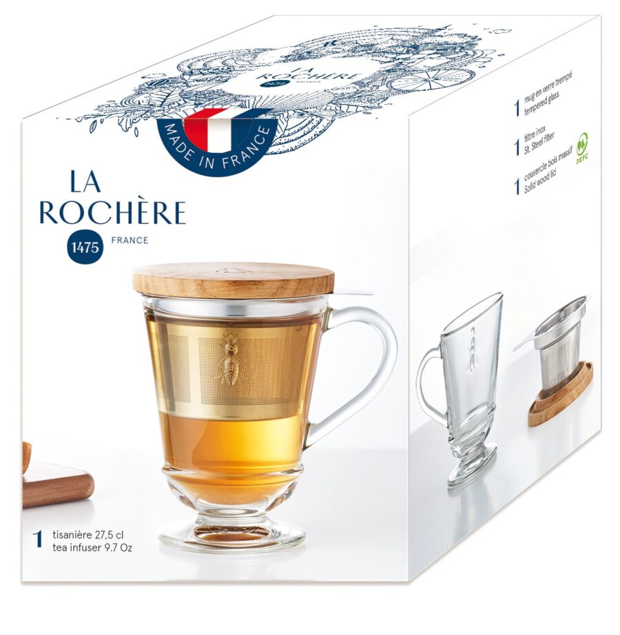 Teeglas "Tisanière Abeille", 0,25 l. La Rochère, Edelstahlfilter, Holzdeckel – Bild 5