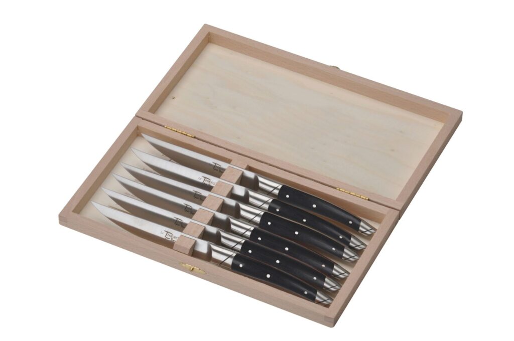 Steakmesser "Le Thiers Avantage", 23 cm. Goyon-Chazeau, Griffe Ebenholz, 6er-Set in Holzbox