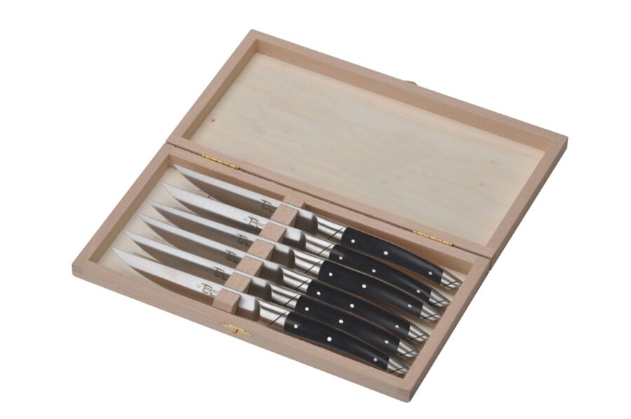 Steakmesser "Le Thiers Avantage", 23 cm. Goyon-Chazeau, Griffe Ebenholz, 6er-Set in Holzbox