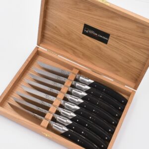Steakmesser "Le Thiers Pirou Prestige", 23 cm. Goyon-Chazeau, Griffe Ebenholz, 8er-Set in Holzbox