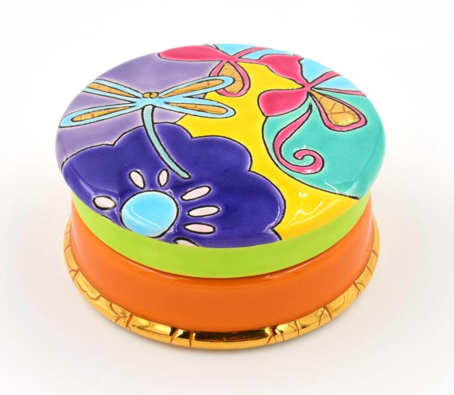 Schmuckschatulle Keramik "Jardin d`été", 9 cm. Emaux de Longwy. Emaille, Gold