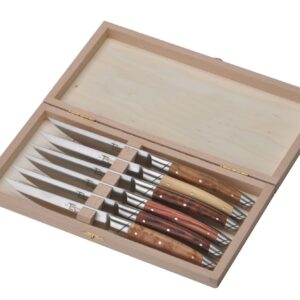 Steakmesser "Le Thiers Avantage", 23 cm. Goyon-Chazeau, Griffe aus 6 verschiedenen Hölzern, 6er-Set in Holzbox