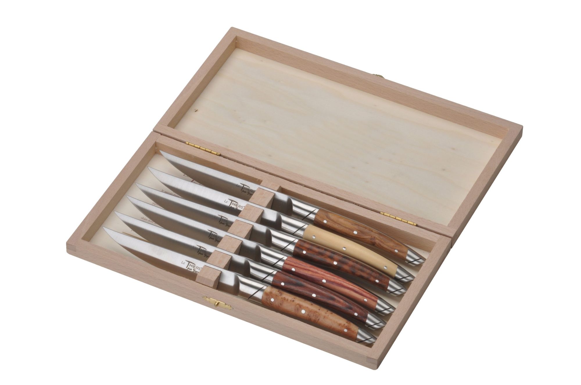 Steakmesser "Le Thiers Avantage", 23 cm. Goyon-Chazeau, Griffe aus 6 verschiedenen Hölzern, 6er-Set in Holzbox