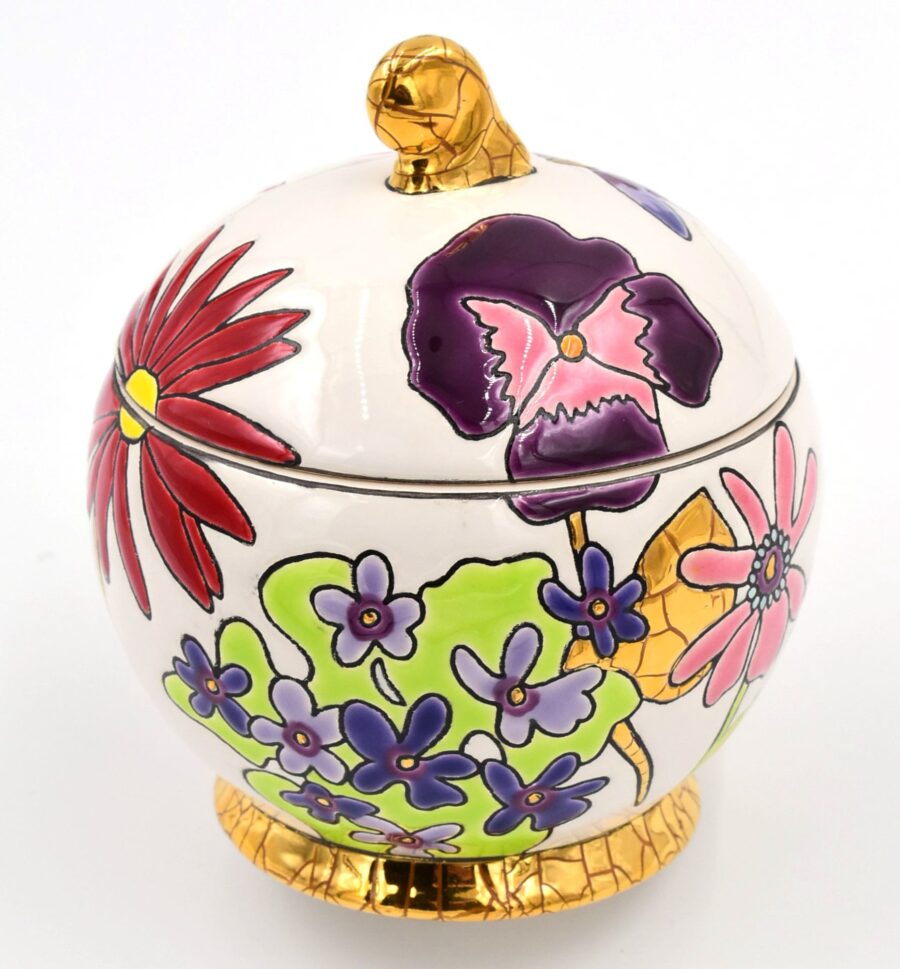 Bonbonnière "Bucolique", 13 cm. Emaux de Longwy. Emaille, Gold – Bild 2