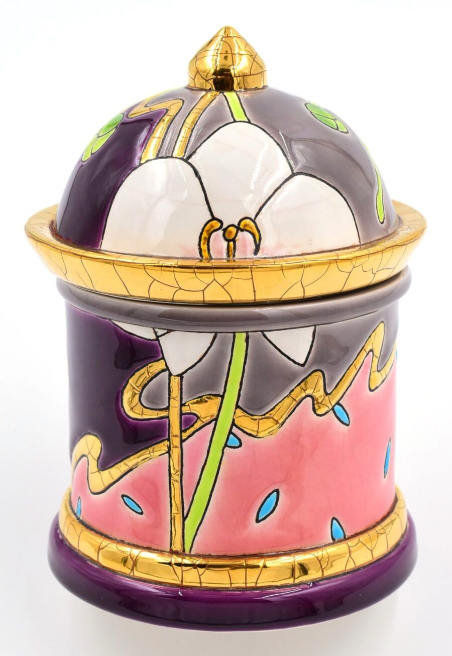 Bonbonnière "Orchidées Boîte Kiosque", 16 cm. Emaux de Longwy. Emaille, Gold – Bild 2