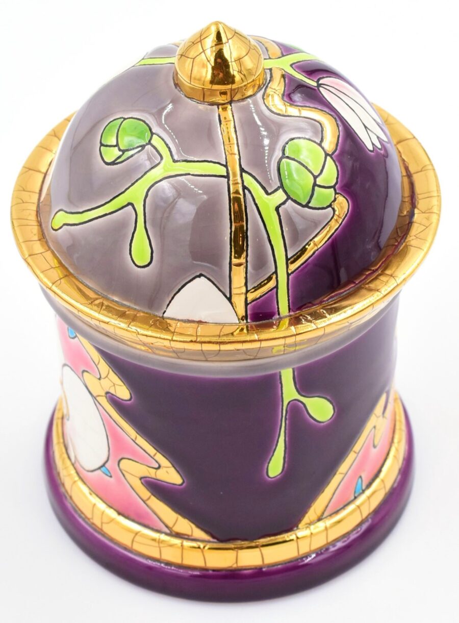 Bonbonnière "Orchidées Boîte Kiosque", 16 cm. Emaux de Longwy. Emaille, Gold – Bild 3