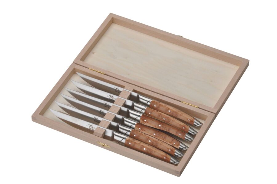 Steakmesser "Le Thiers Avantage", 23 cm. Goyon-Chazeau, Griffe Wacholderholz, 6er-Set in Holzbox