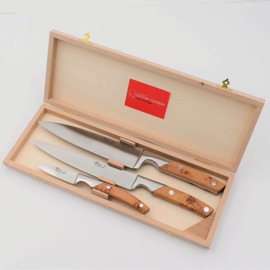 Küchenmesser "Le Thiers". Goyon-Chazeau, Griffe Wacholderholz, matt, 3er-Set in Holzbox