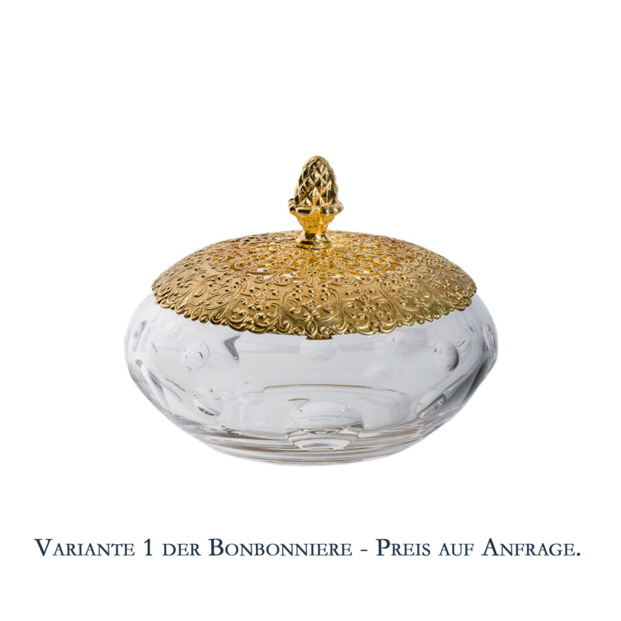 Bonbonnière, 11 cm. Cristallerie de Montbronn, Kristallglas, vergoldeter Knauf – Bild 2