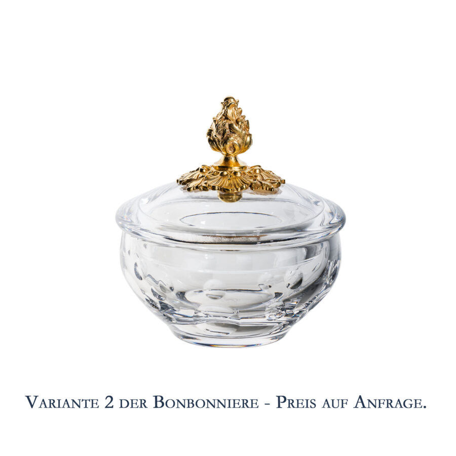 Bonbonnière, 11 cm. Cristallerie de Montbronn, Kristallglas, vergoldeter Knauf – Bild 3