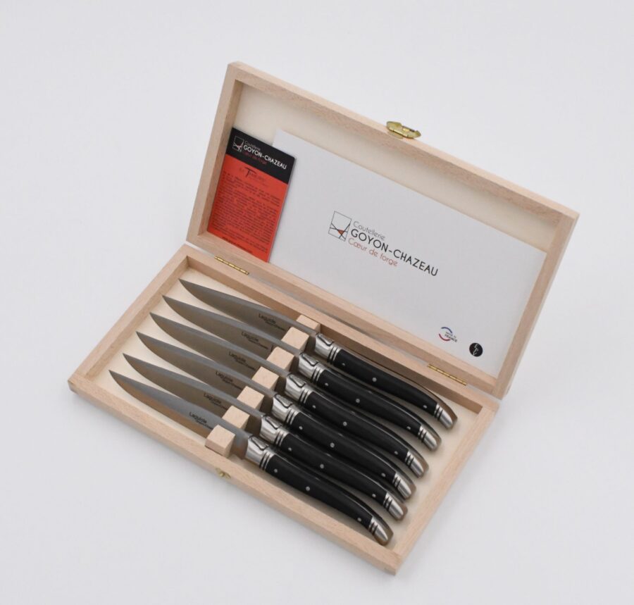 Steakmesser "Laguiole Avantage", 23 cm. Goyon-Chazeau, Griffe Ebenholz, 6er-Set in Holzbox