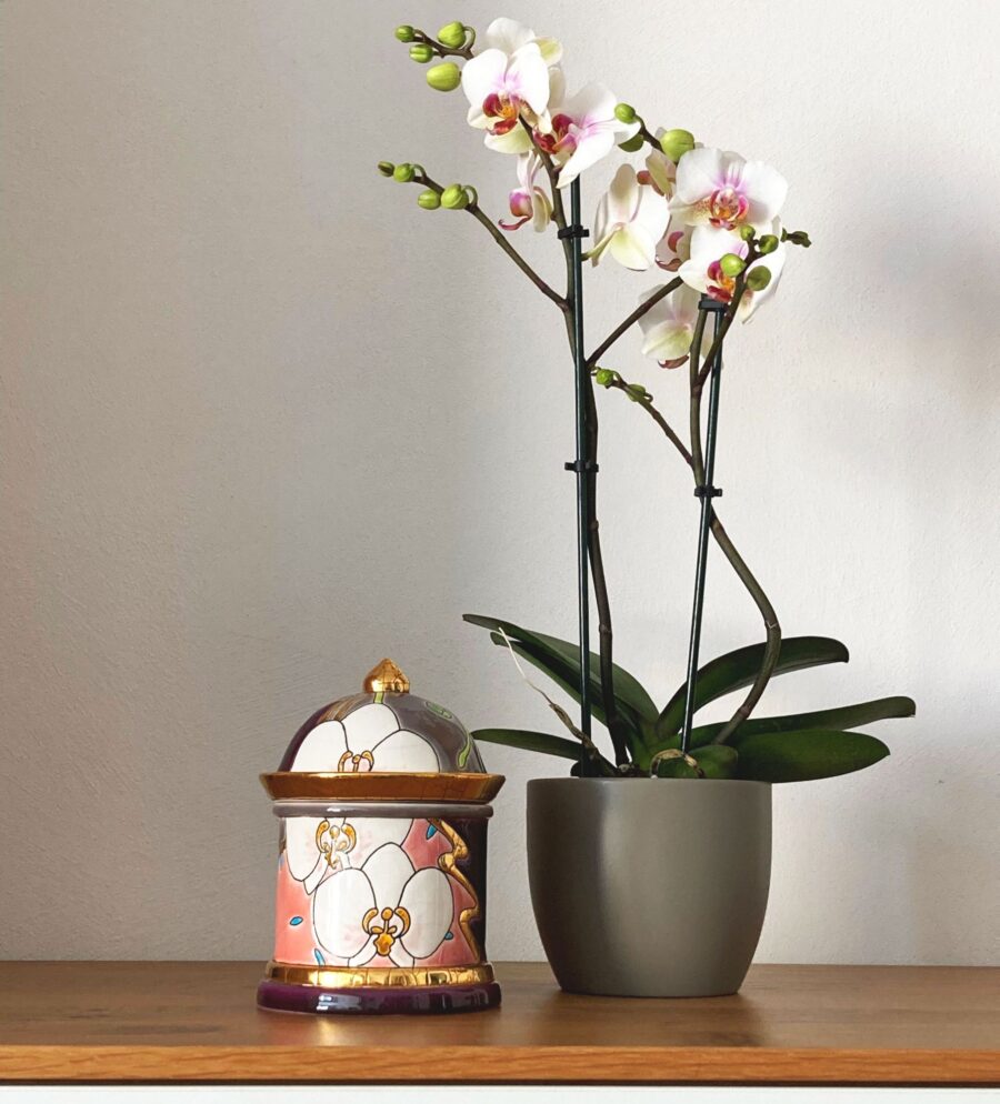 Bonbonnière "Orchidées Boîte Kiosque", 16 cm. Emaux de Longwy. Emaille, Gold – Bild 5
