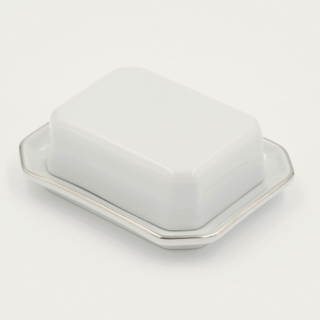 Kleine Butterdose Apilco Flora, 11x9 cm. Weiß, Platinrand