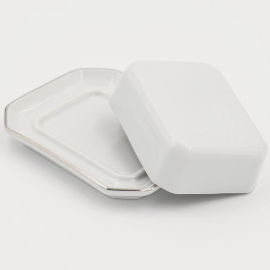 Kleine Butterdose Apilco Flora, 11x9 cm. Weiß, Platinrand – Bild 2