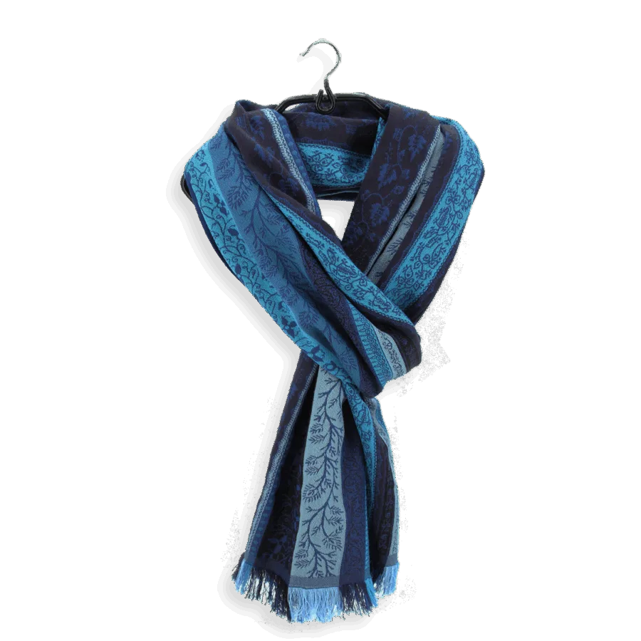 Seiden Merinoschal Damen "Romain Blau", 195 x 50 cm. LA FABRIQUE d'écharpe, 50% Merino, 30% Baumwolle, 20% Seide