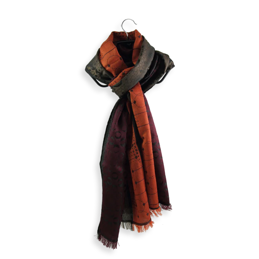 Seiden Merinoschal Damen. "Jericho Burgundy/Erdtöne", 195 x 55 cm. LA FABRIQUE d'écharpe, 75% Merino, 25% Seide