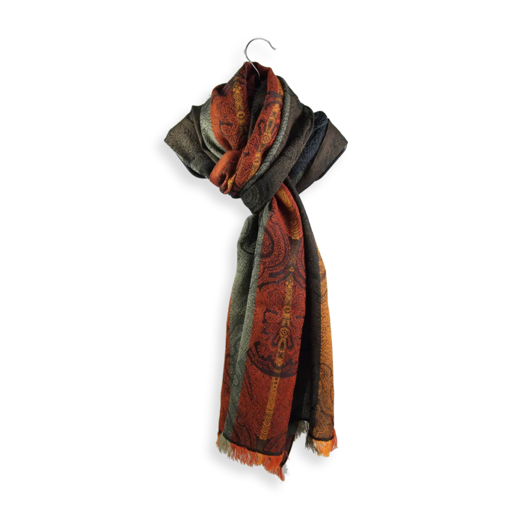 Seiden Merinoschal Damen. "Victoria Braun/Orange", 190 x 50 cm. LA FABRIQUE d'écharpe, 75% Merino, 25% Seide