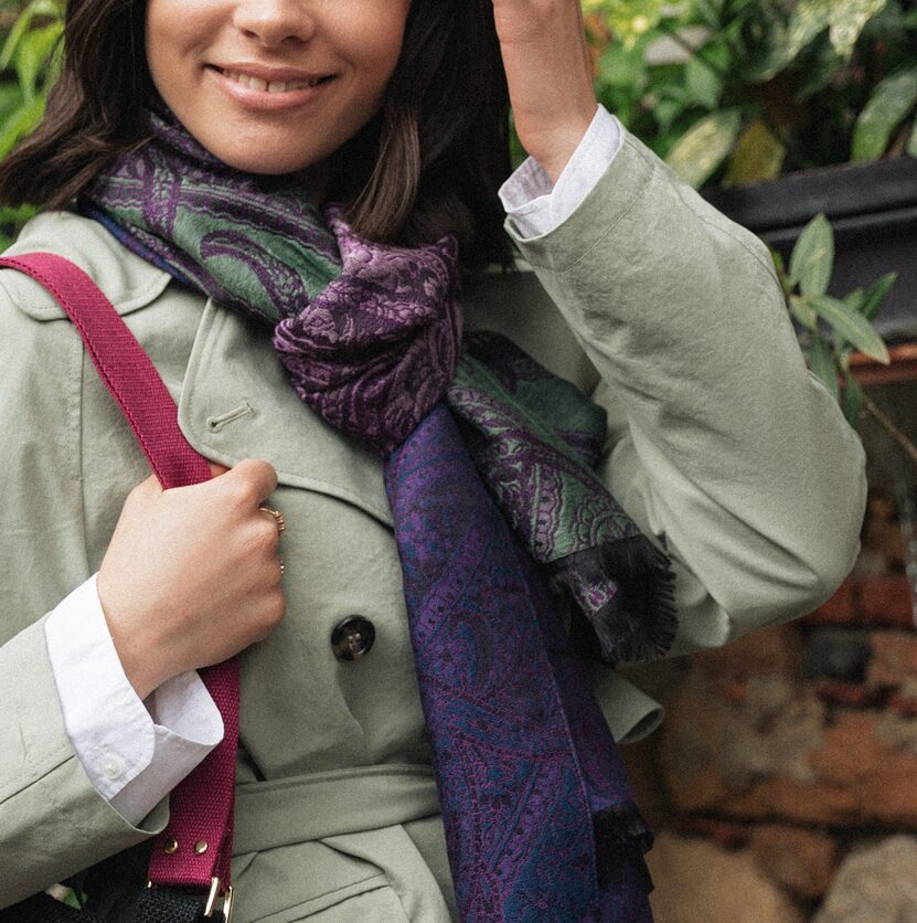 Seiden Merinoschal Damen. "Paisley Violet", 180 x 60 cm. LA FABRIQUE d'écharpe, 50% Merino, 25% Baumwolle, 25% Seide – Bild 6