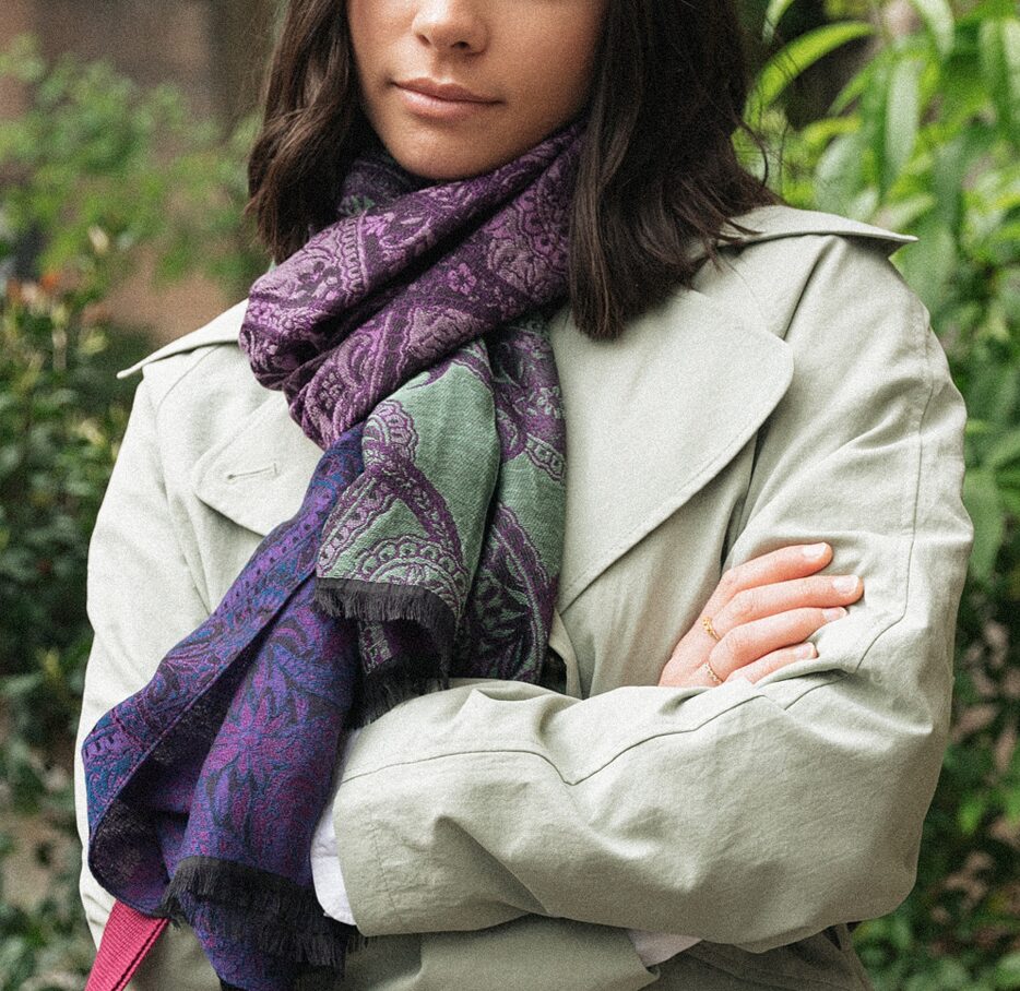 Seiden Merinoschal Damen. "Paisley Violet", 180 x 60 cm. LA FABRIQUE d'écharpe, 50% Merino, 25% Baumwolle, 25% Seide – Bild 5