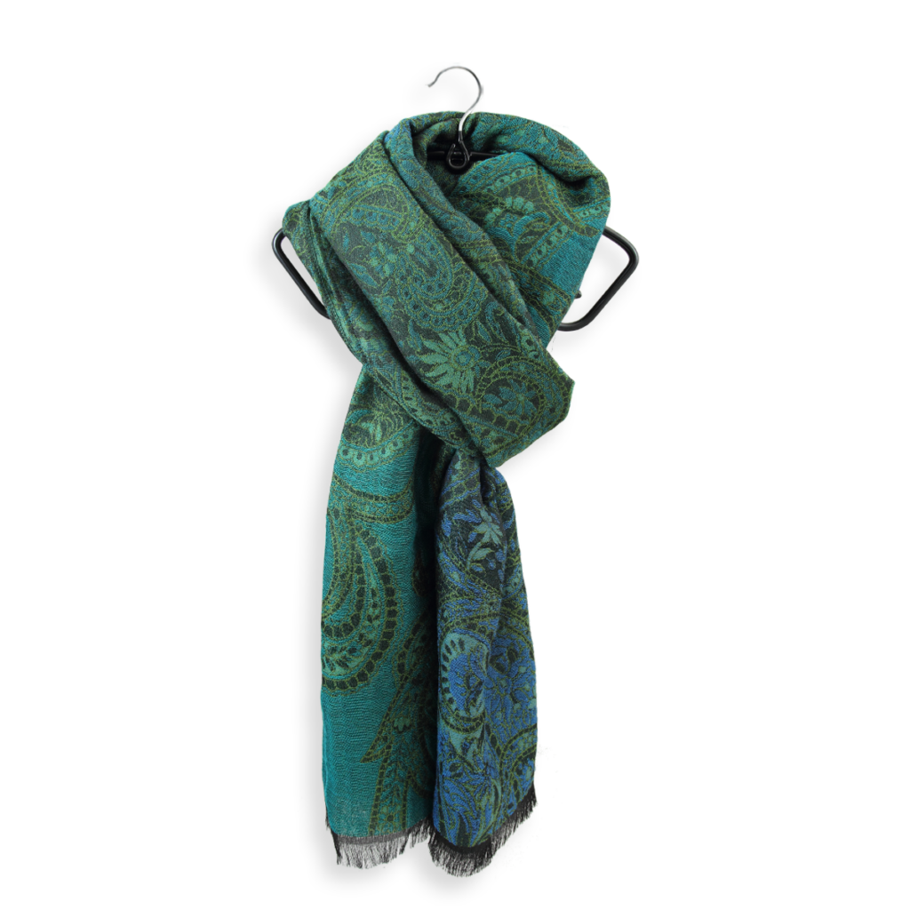 Seiden Merinoschal Damen. "Paisley Blau/Grün", 190 x 60 cm. LA FABRIQUE d'écharpe, Merino, Baumwolle, Seide
