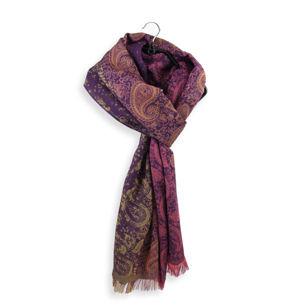 Seiden Baumwollschal Damen. "Mumbai" Aubergine/Gold, 190 x 50 cm. LA FABRIQUE d'écharpe, 70% Baumwolle, 30% Seide